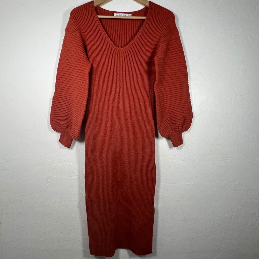 Petal + Pup Rust Orange Ribbed V-Neck Balloon Sleeve Midi Sweater Dress L/XL
